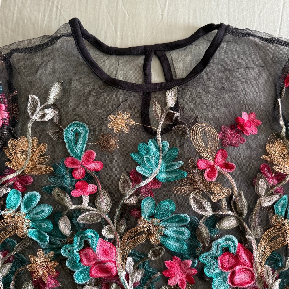 Shein Embroidered Floral Leaf Sheer Black Mesh Crop Top Boho Festival - Picture 7 of 11